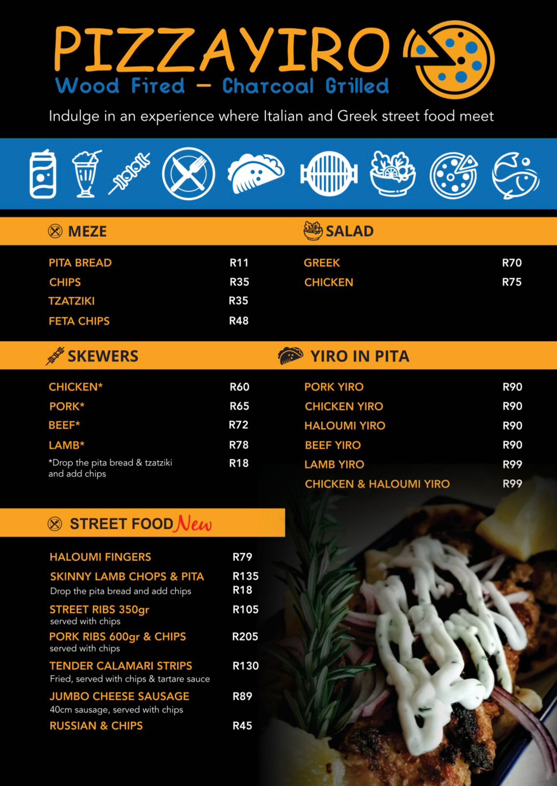 Pizzayiro yiro, meze, salad, skewers and street food menu