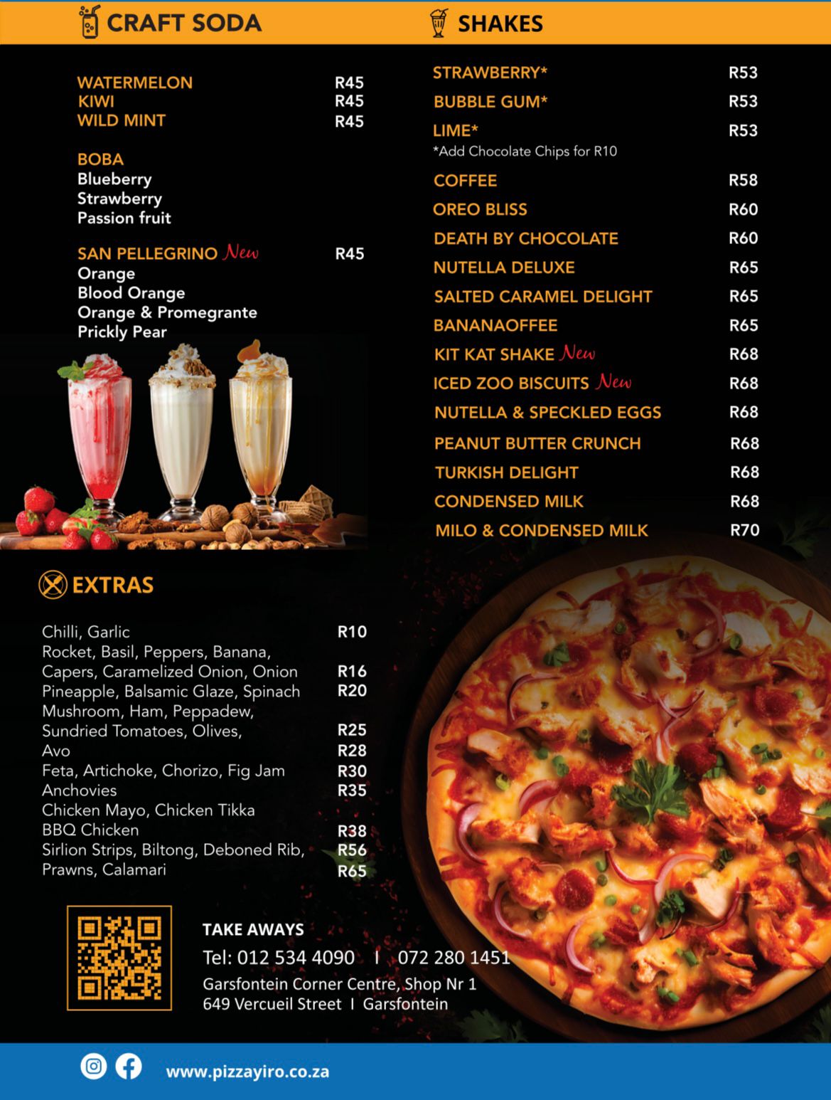 Pizzayiro craft soda, shakes and extras menu