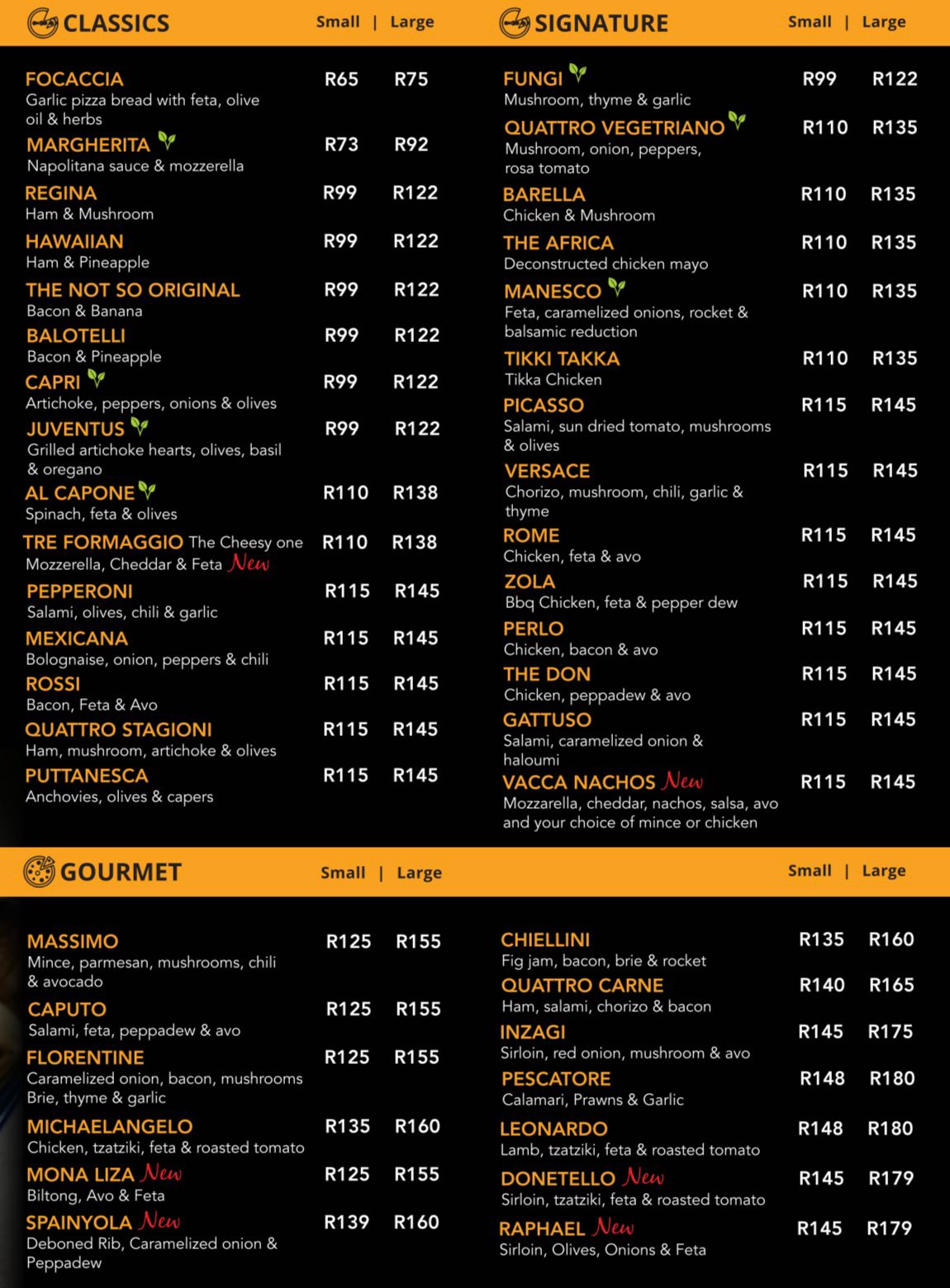 Pizzayiro classics, signature and gourmet pizza menu