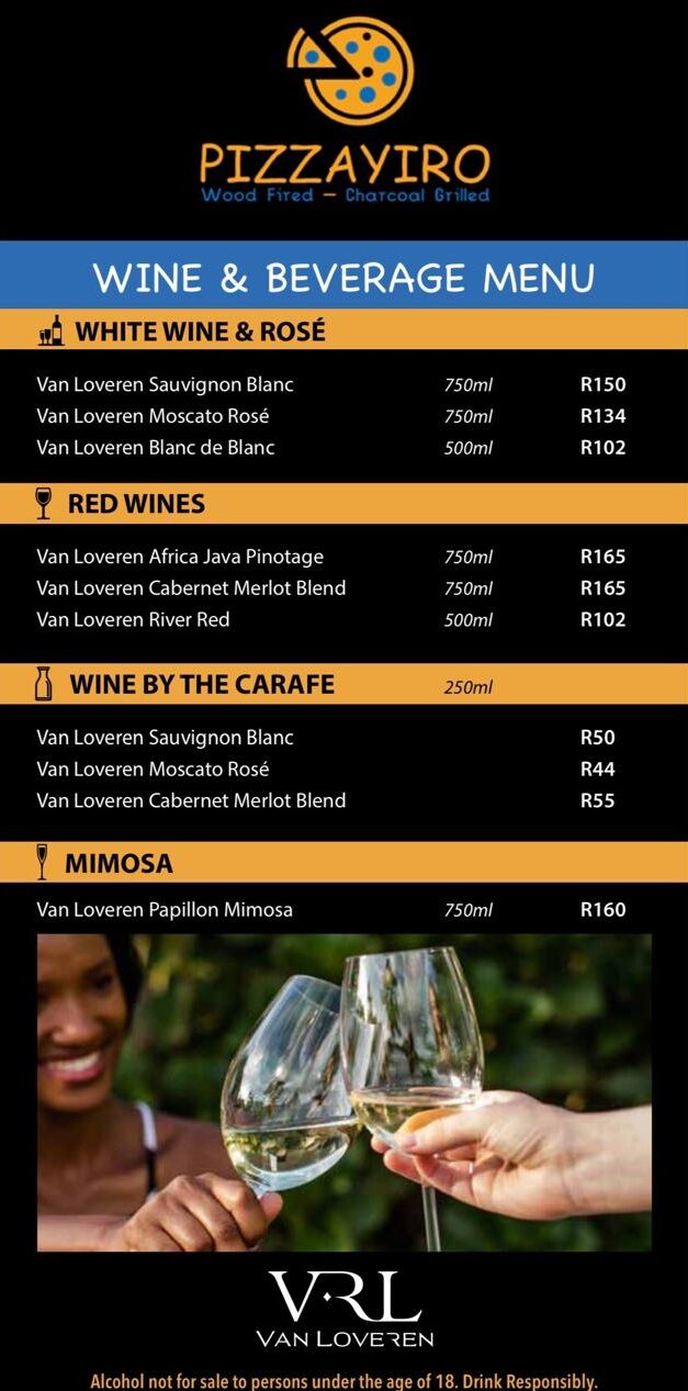 Pizzayiro alcoholic beverages menu page 1