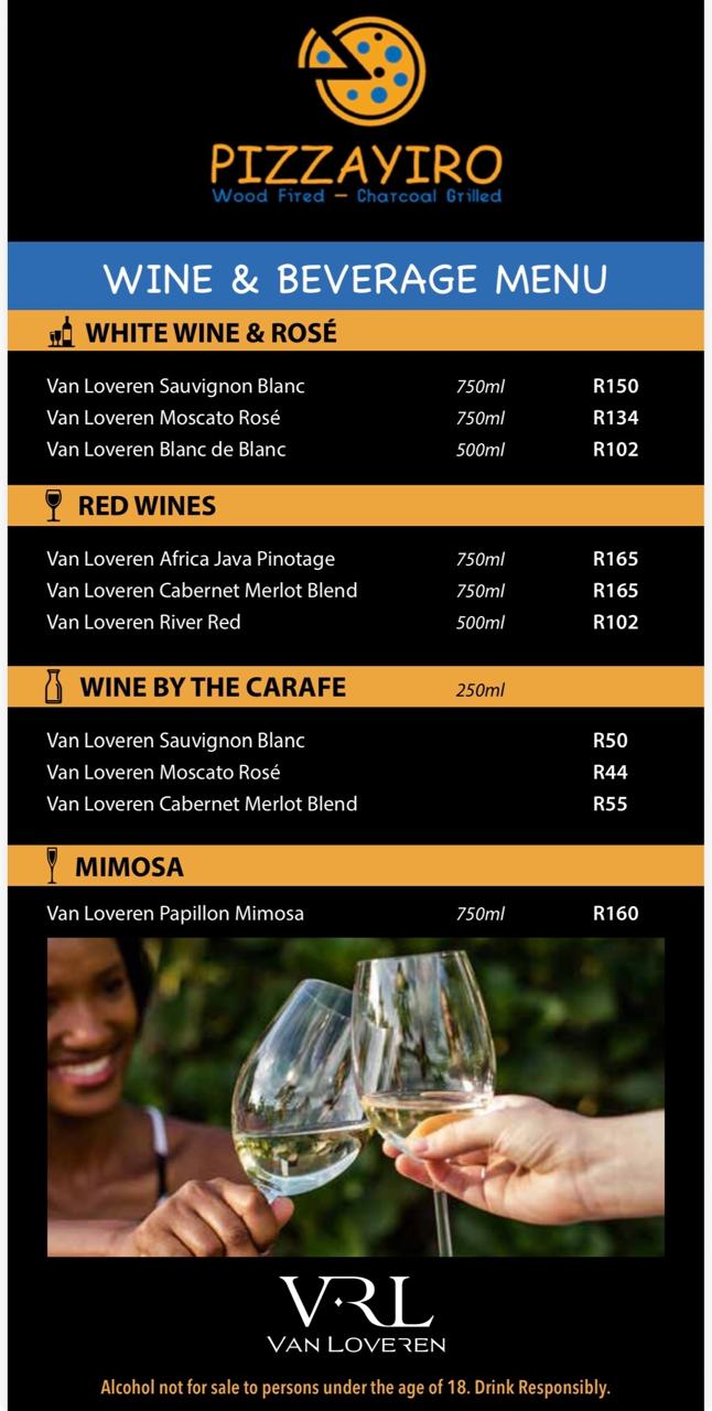 Pizzayiro alcoholic beverages menu page 1